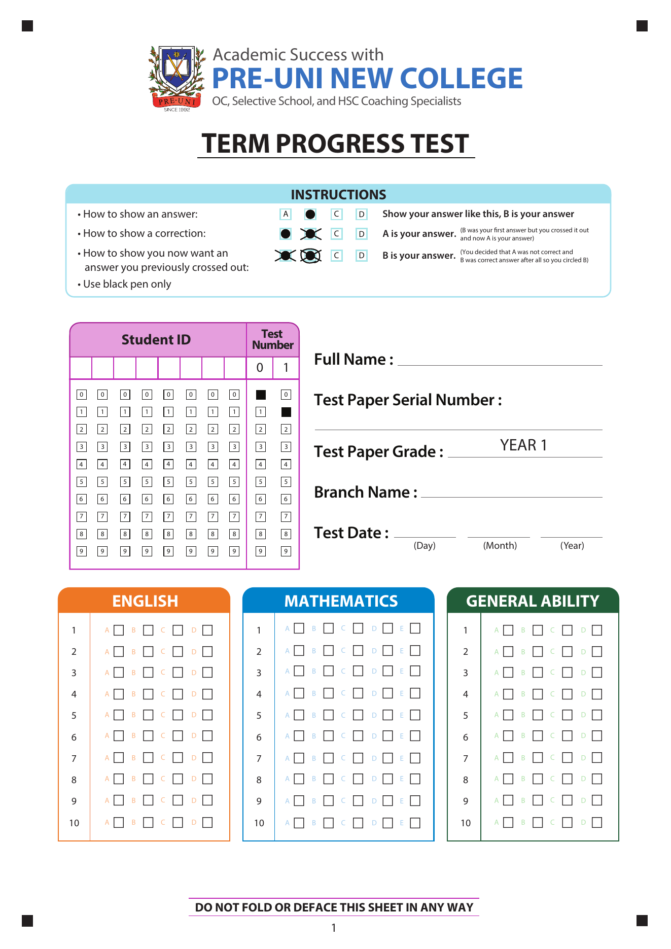 Year 1 answer sheet preview