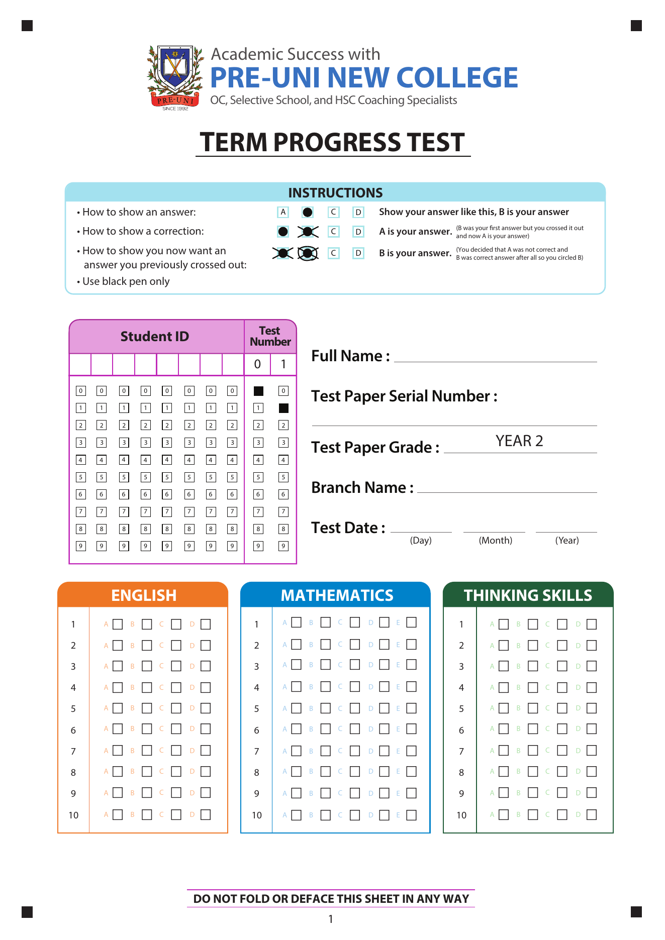 Year 2 answer sheet preview