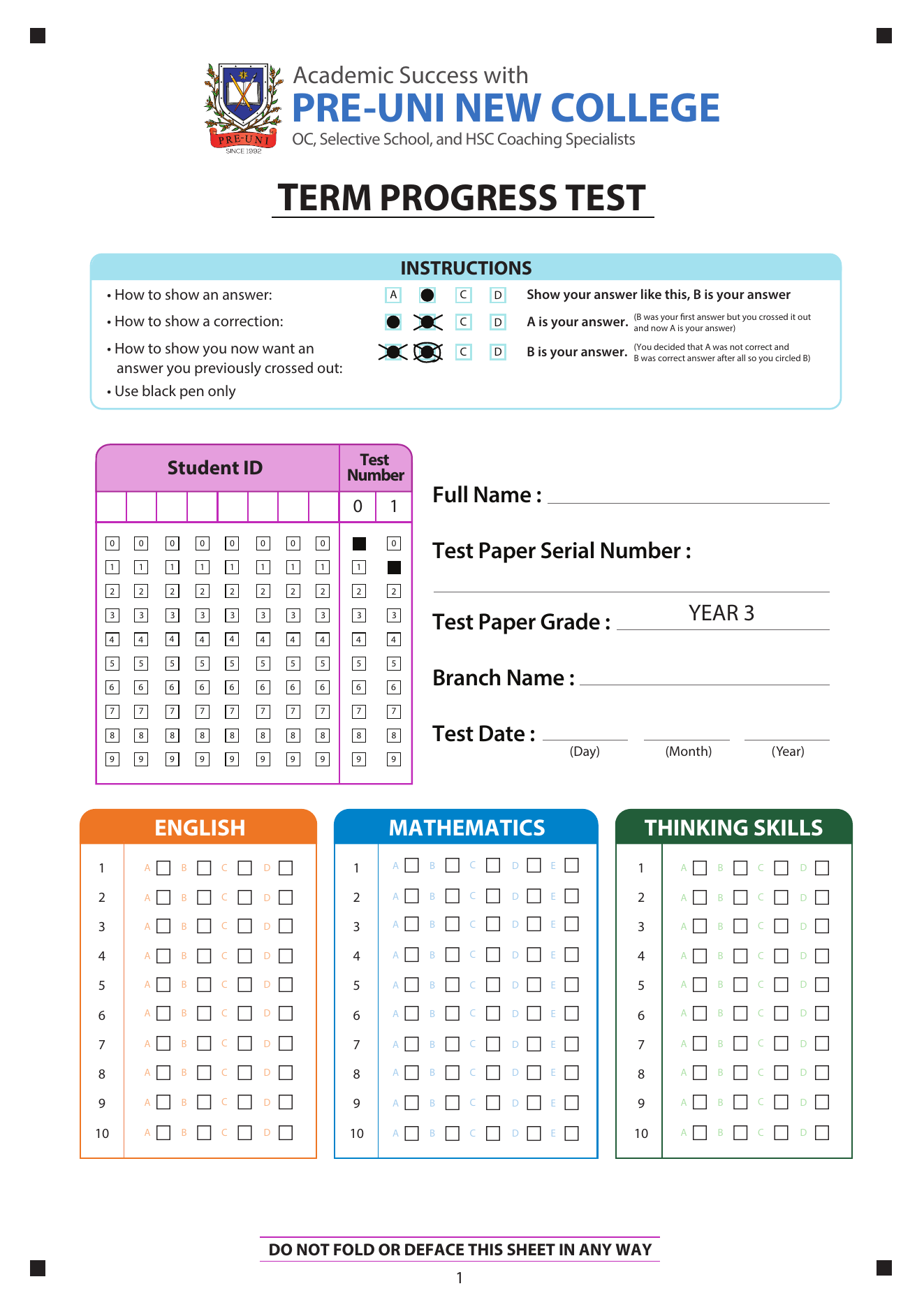 Year 3 answer sheet preview