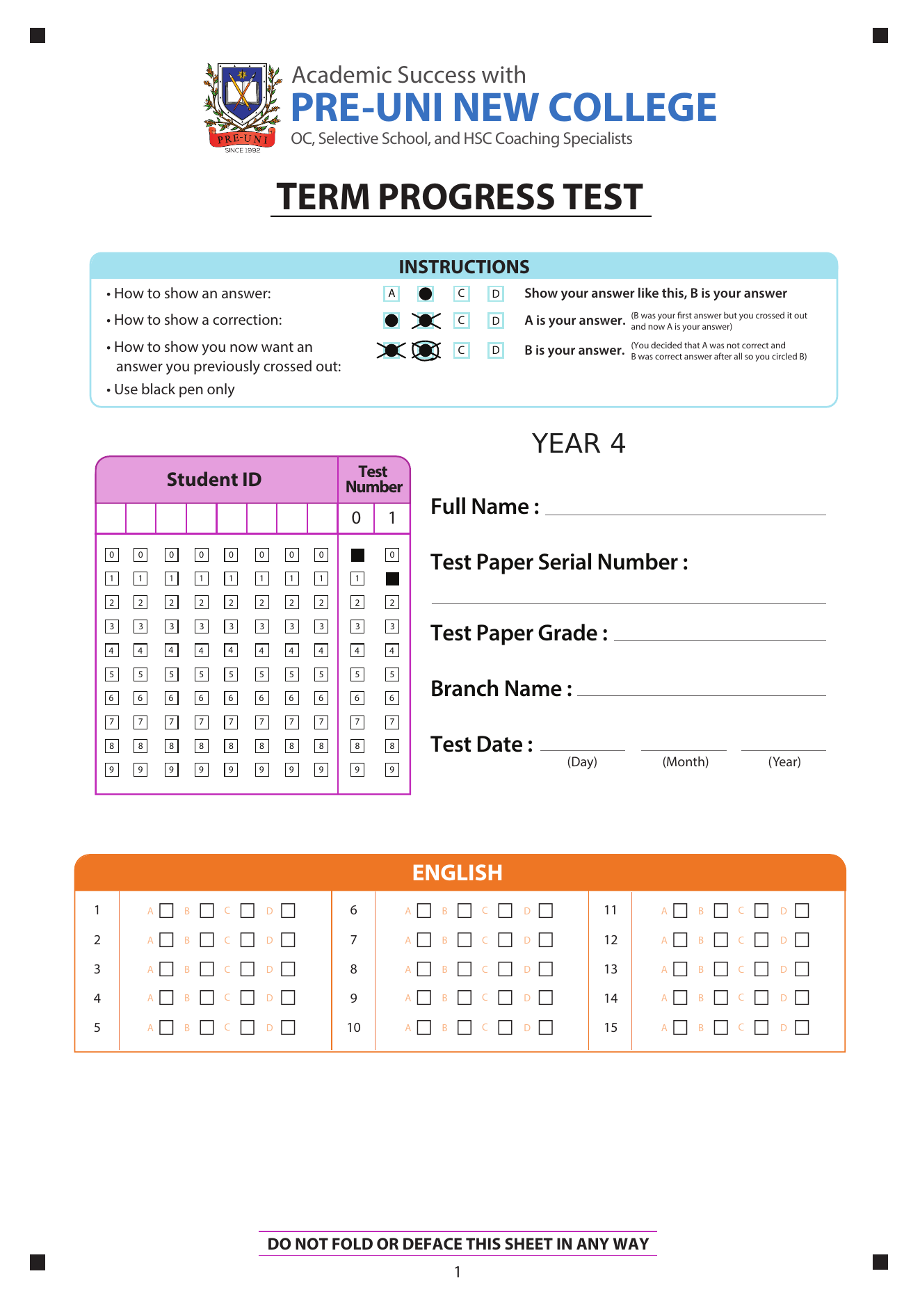 Year 4 answer sheet preview