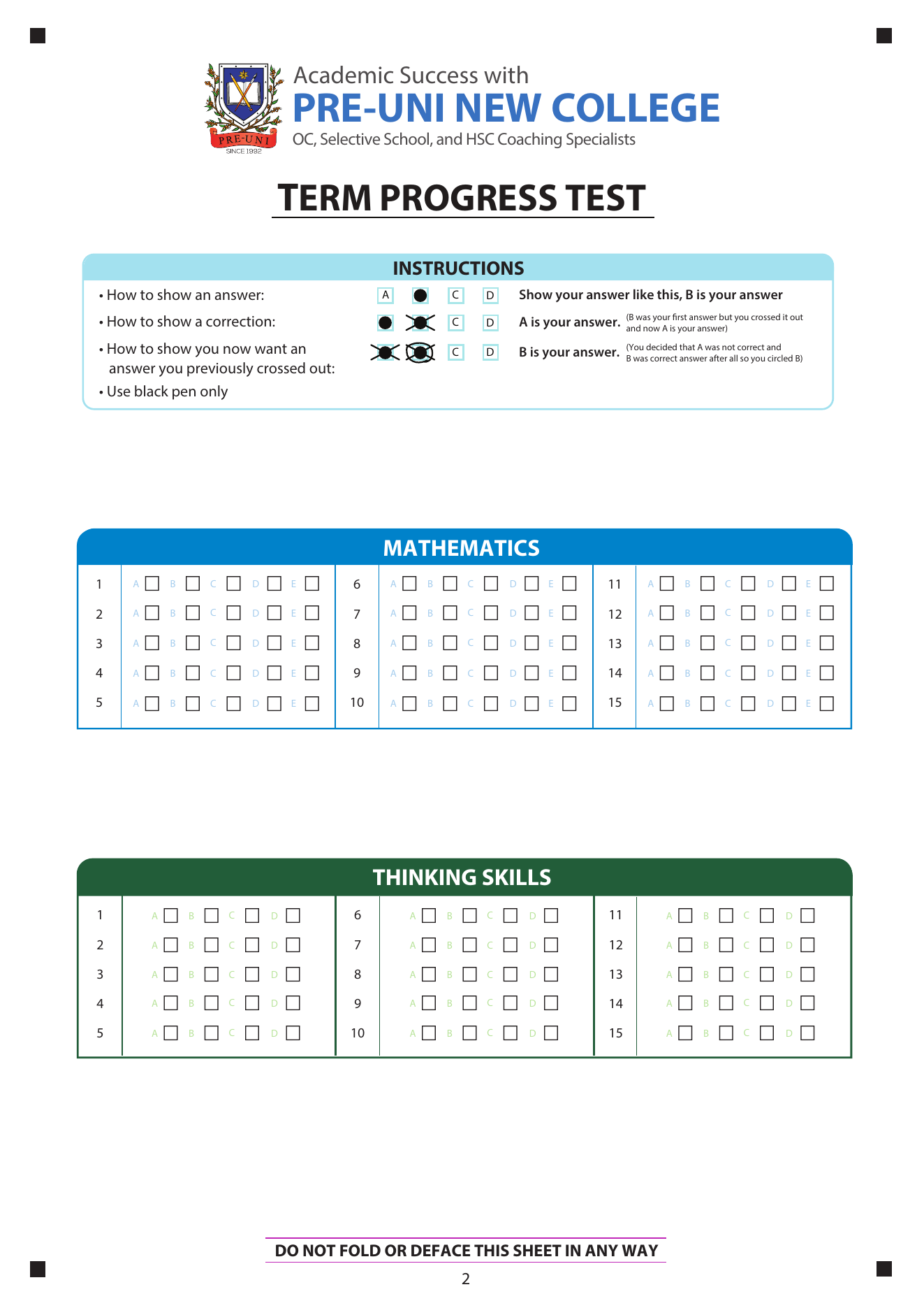 Year 4 answer sheet preview
