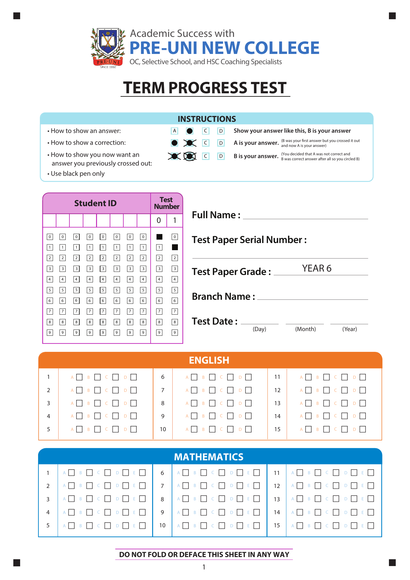 Year 6 answer sheet preview