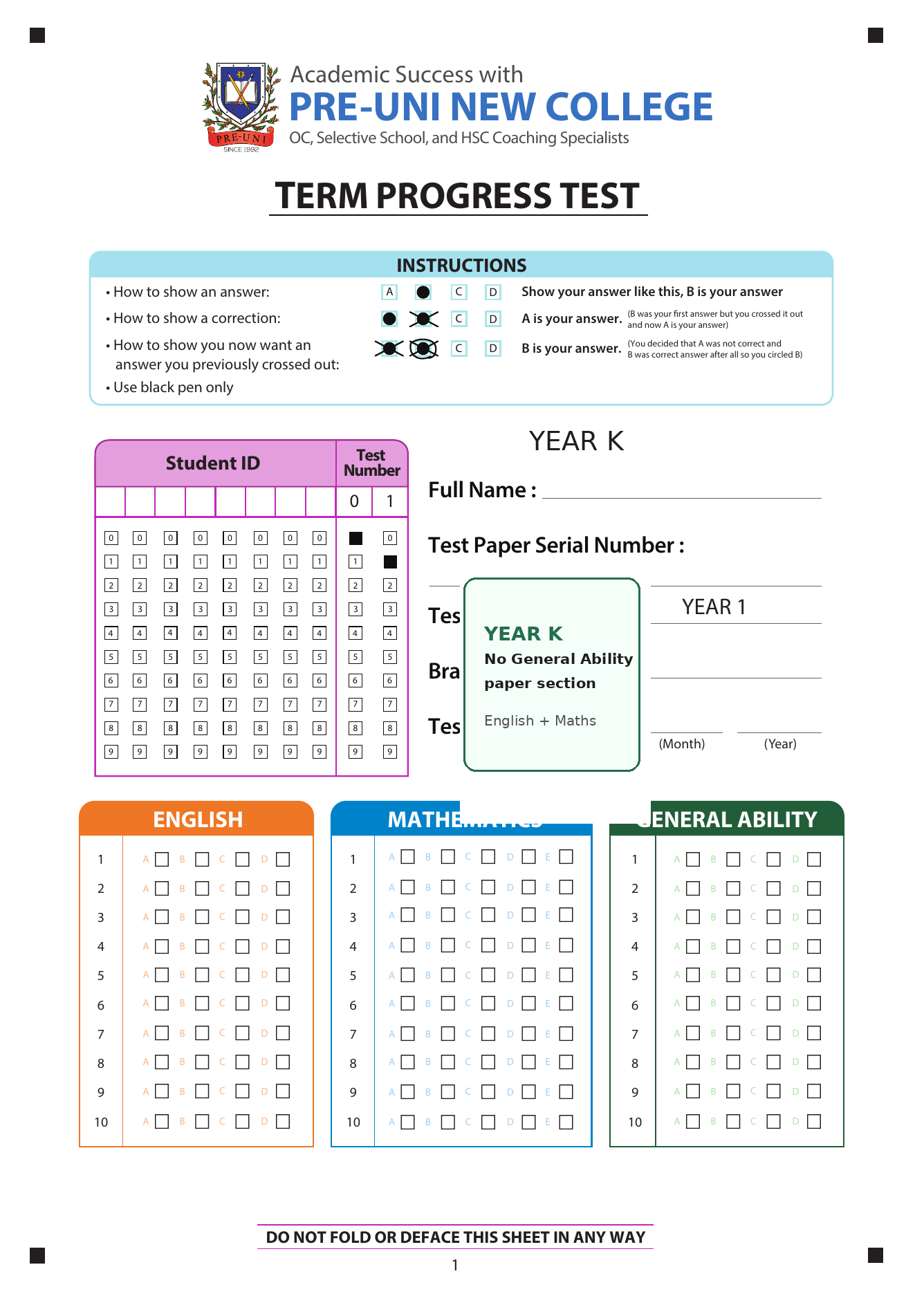 Year K answer sheet preview